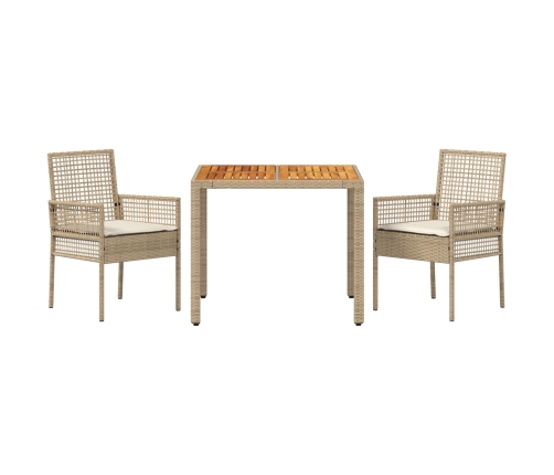 Juego de Comedor de Jardín de 3 Piezas con Cojines Beige de Ratán Poliéster