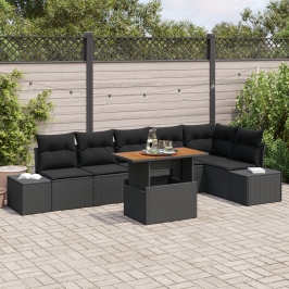 Conjunto de comedor de jardín de 7 piezas con cojines negros de poliratán de acacia