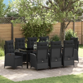 Juego de comedor de jardín de 9 piezas  con cojines Negro Rattan Poli