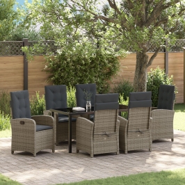 Set de Comedor de Jardín de 7 Piezas con Cojines Gris Poliratán