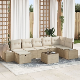 Conjunto de Sofás de Jardín  de 8 Piezas con Cojines Beige de Poliratán