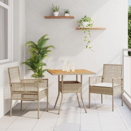 Juego de Comedor de Jardín  de 3 Piezas con Cojines Beige Poliratán
