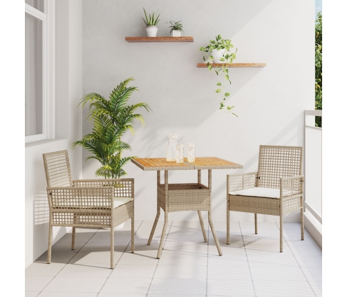 Juego de Comedor de Jardín  de 3 Piezas con Cojines Beige Poliratán