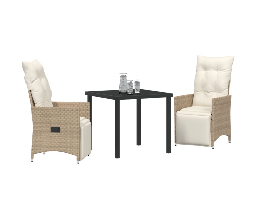 Juego de Comedor de Jardín de 3 Piezas  con Cojines Beige Poliratán