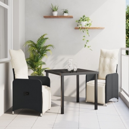 Set de Comedor de Jardín de 3 Piezas con Cojines de  Poliratán Negro
