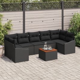 Juego de sofá de jardín Conjunto de 8 Negro Ratán y madera