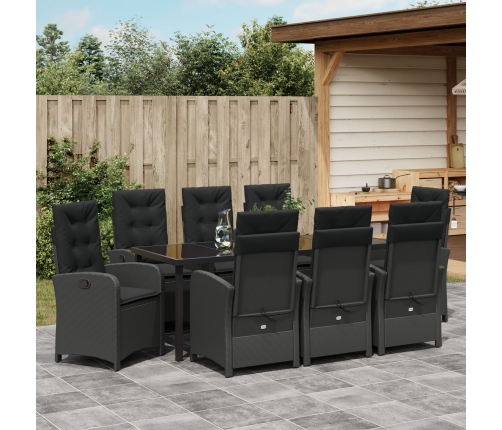 Set de comedor de jardín  9 piezas con cojines negro ratan poli