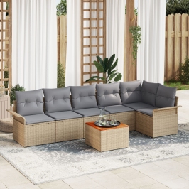 Juego de Sofá de Jardín de 7 Piezas con Cojines Beige de Poliratán Acacia