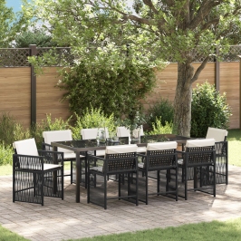 Conjunto de Comedor de Jardín de 9 Piezas con Cojines de Poliratán Negro