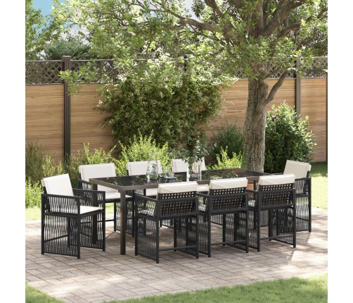 Conjunto de Comedor de Jardín de 9 Piezas con Cojines de Poliratán Negro