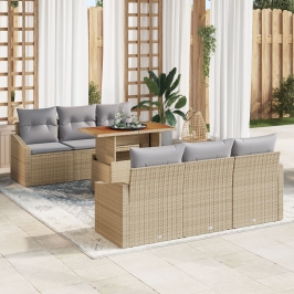 Conjunto de Comedor de Jardín de 7 Piezas con Cojines Ratán Poli Beige Acacia