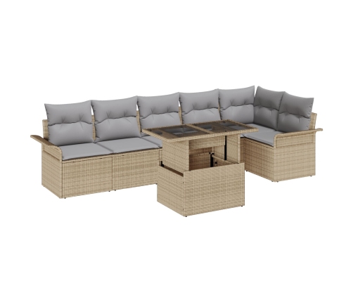 Conjunto de Sofá Jardín  de 7 Piezas con Cojines Beige de Ratán Poliéster