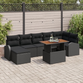 Juego de Comedor de Jardín de 8 Piezas con Cojines Negro Poly Ratán Acacia