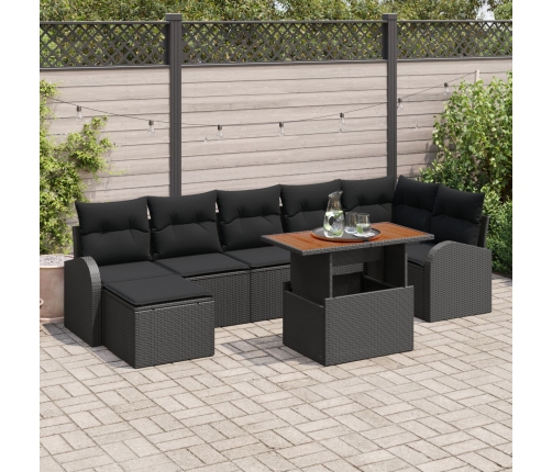 Juego de Comedor de Jardín de 8 Piezas con Cojines Negro Poly Ratán Acacia