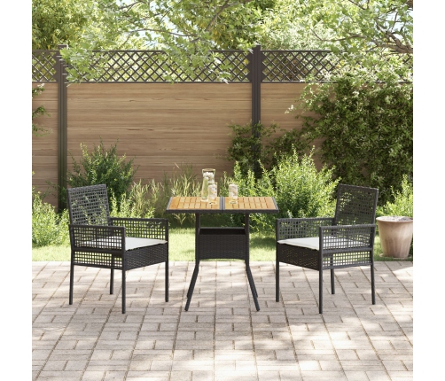 Set de Comedor de 3 Piezas para Jardín con Cojines Negros de Poliratán