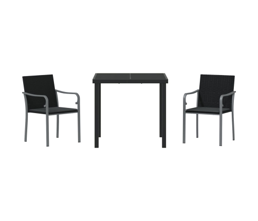 Conjunto de Comedor de Jardín de 3 Piezas con Cojines de Polirratán Negro