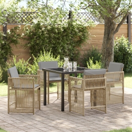 Juego de Comedor de Jardín de 5 Piezas con Cojines Beige Poliratán