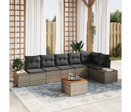 Set de Sofá de Jardín de 7 Piezas con Cojines Gris Ratán Poliéster Acacia