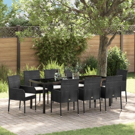 Juego de Comedor de Jardín de 9 Piezas  con Cojines Negro Poliratán