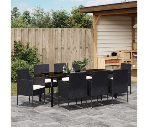Conjunto de Comedor de Jardín  de 9 Piezas con Cojines Ratán Poliéster Negro