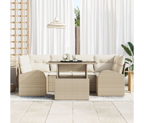 Set de Sofá de Jardín de 7 Piezas con Cojines Beige de Poliratán
