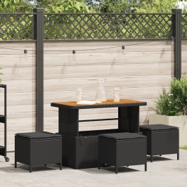 Conjunto de Comedor de Jardín de 4 Piezas con Cojines Negro de Poliratán y Acacia