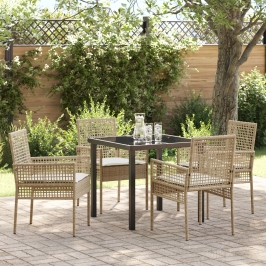 Juego de Comedor de Jardín de 5 Piezas con Cojines Beige Poliratán