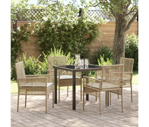 Juego de Comedor de Jardín de 5 Piezas con Cojines Beige Poliratán