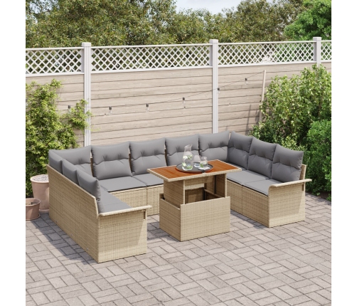 Conjunto de Comedor de Jardín de 10 Piezas con Cojines Beige Poliratán Acacia