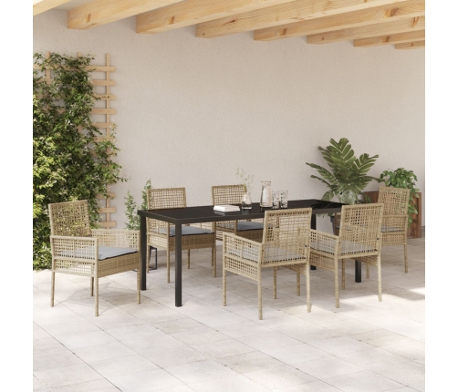Juego de Comedor de Jardín de 7 Piezas con Cojines Beige Poliratán
