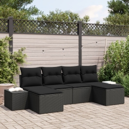 Set de sofás de jardín de 6 piezas con cojines de ratán negro poliéster