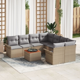 Juego de Sofás de Jardín de 9 Piezas con Cojines Beige Poli Ratan Acacia