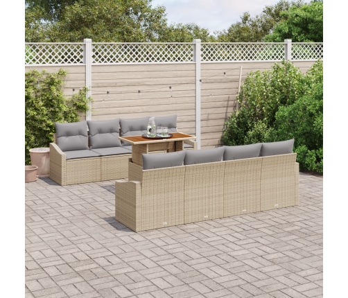 Juego de Comedor de Jardín de 9 Piezas con Cojines Beige Poliratán Acacia