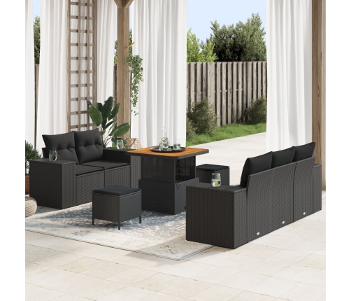Conjunto de Sofá de Jardín de 8 Piezas con Cojines Ratán Poliéster Negro Acacia,  Conjunto de Comedor de Jardín de 3 Piezas con Cojines Ratán Poliéster Negro Acacia