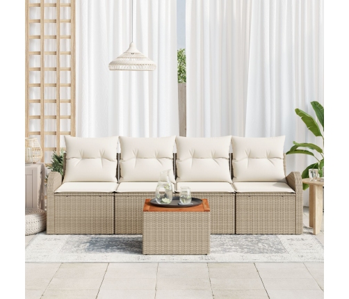 Conjunto de Sofás de Jardín de 5 Piezas con Cojines Beige Ratán Poliéster Acacia