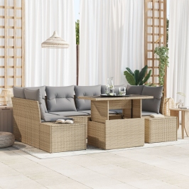 Set de Sofás de Jardín  de 7 Piezas con Cojines Beige de Poliratán