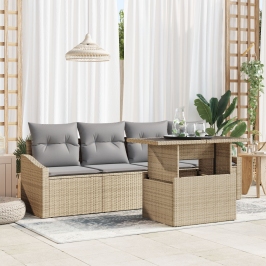 Juego de Sofá de Jardín de 5 Piezas con Cojines Beige Poliratán