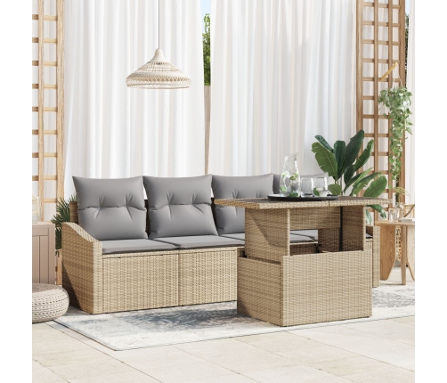Juego de Sofá de Jardín de 5 Piezas con Cojines Beige Poliratán
