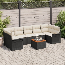 Conjunto de Sofá de Jardín  de 8 Piezas con Cojines Negro Poliratán Acacia