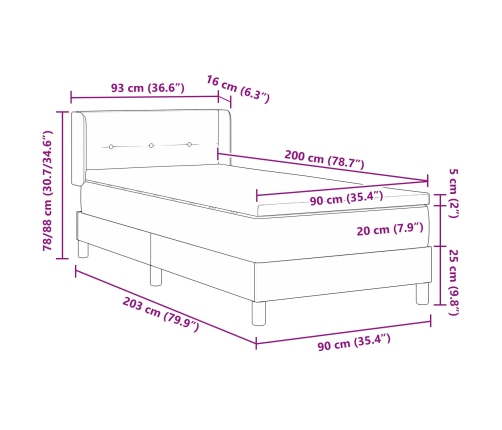 Cama Box Spring con Colchón  Gris Oscuro 90x200 cm Terciopelo