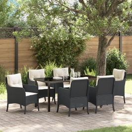 Set de Comedor de Jardín  7 Piezas con Cojines Negro Poliratán