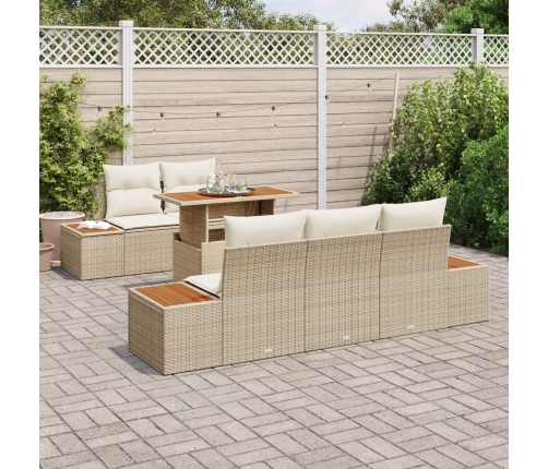 Set de Comedor de Jardín de 6 Piezas con Cojines Beige Poly Ratán Acacia