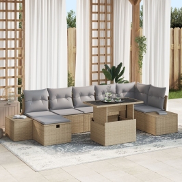 Juego de Sofás de Jardín de 8 Piezas con Cojines Beige de Poliratán