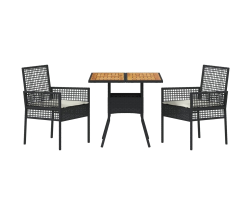 Set de Comedor de 3 Piezas para Jardín con Cojines Negros de Poliratán