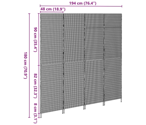 Divisor de habitaciones  4 paneles plegable gris 195x180 cm poli ratán