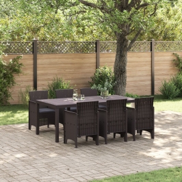 Juego de Comedor de Jardín de 7 Piezas con Cojines Marrón Poliratán