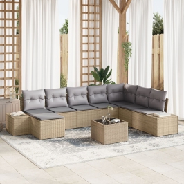 Conjunto de Sofá de Jardín  Juego de 9 Beige y Gris Ratán y Tela