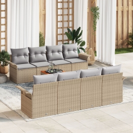 Conjunto de Sofá de Jardín de 9 Piezas con Cojines Beige Ratán de Polietileno Acacia