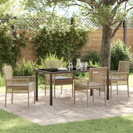 Juego de Comedor de Jardín de 5 Piezas con Cojines Beige Ratán Poliéster
