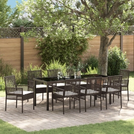 Set de Comedor de Jardín de 9 Piezas con Cojines Poliratán Marrón